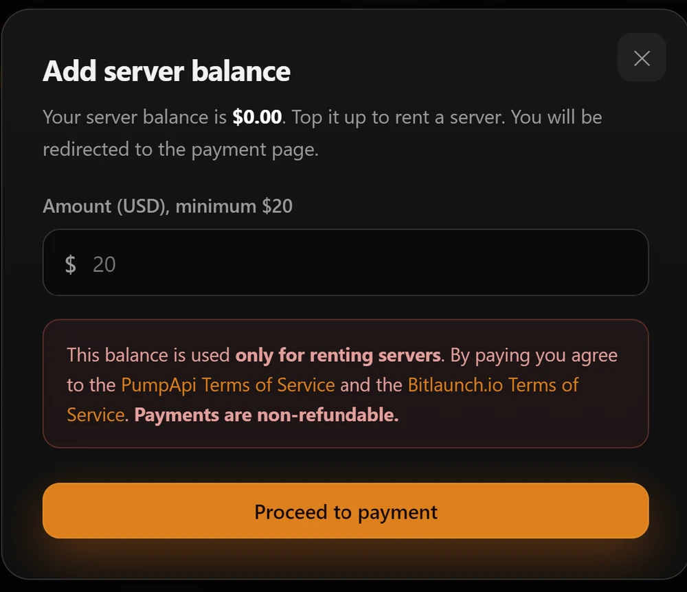 Add server balance and pay