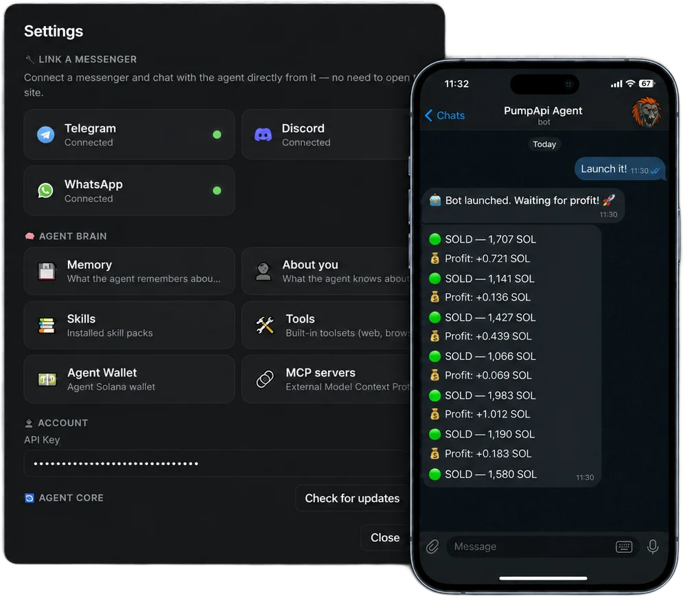 PumpApi Agent settings, with the agent linked to Telegram on a phone